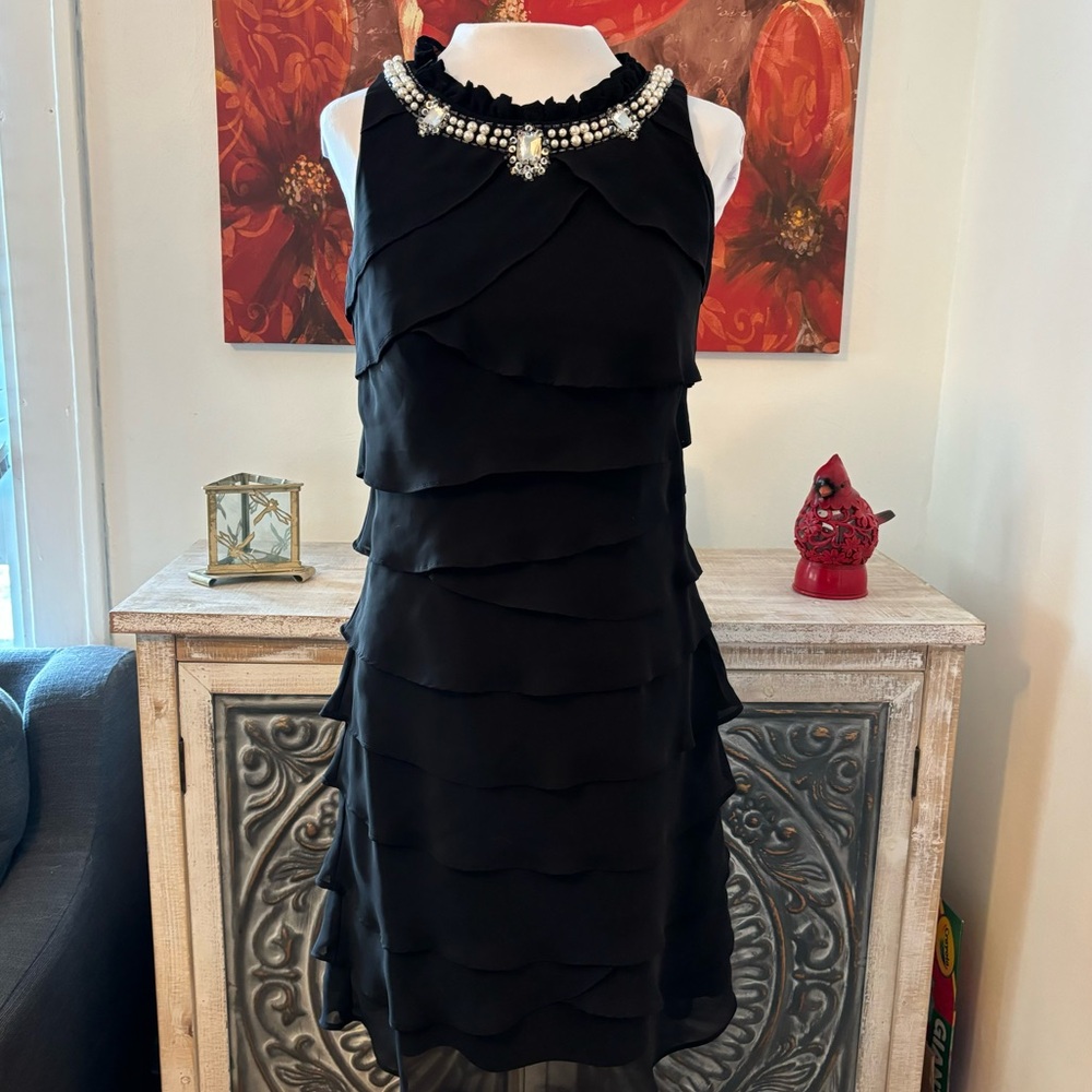 SL Fashions Sleeveless layered ruffles dress rhinestone and faux pearl collar